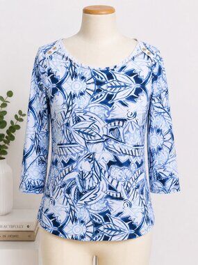 Westbound Women’s Blue & White Floral Print Top Size Large Casual Stretch Tee